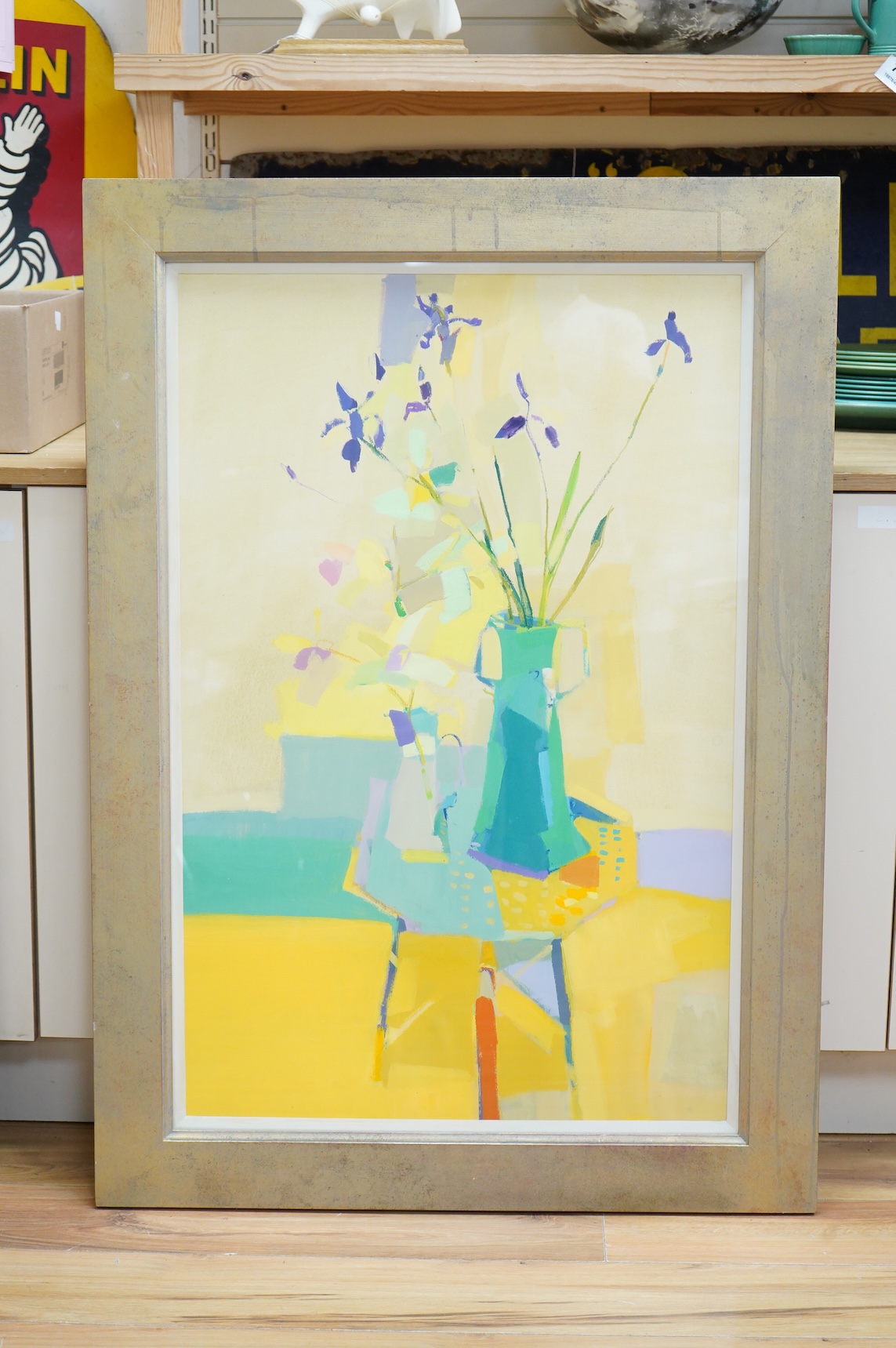 Claire Harrigan RSW (Scottish, b.1964), ‘Irises & Orchids’, details verso, mixed media, 94 x 60cm